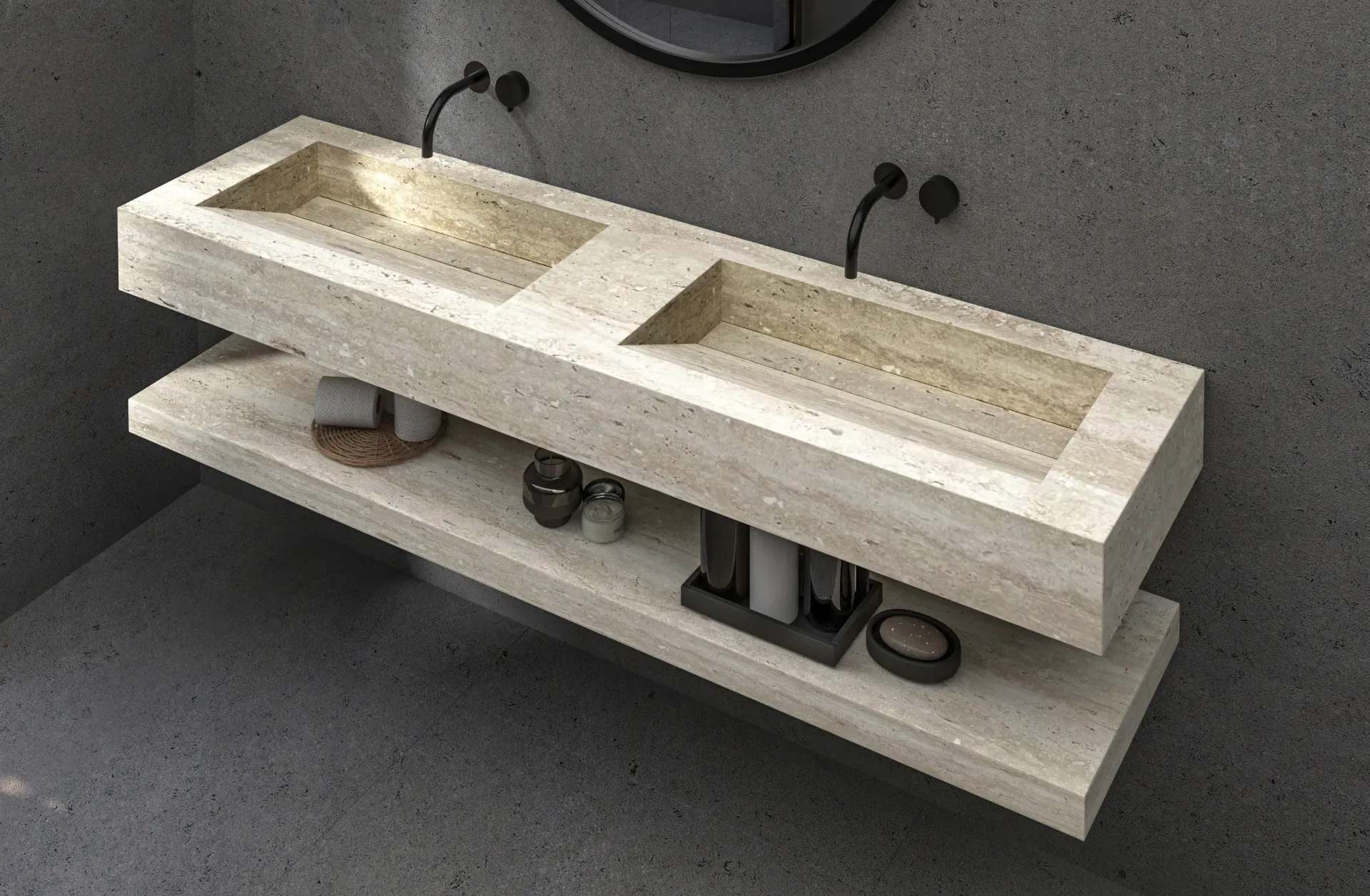 Porcelin Sink Integral Model Sol Double Bowl (0001, 47 x 180 cm)