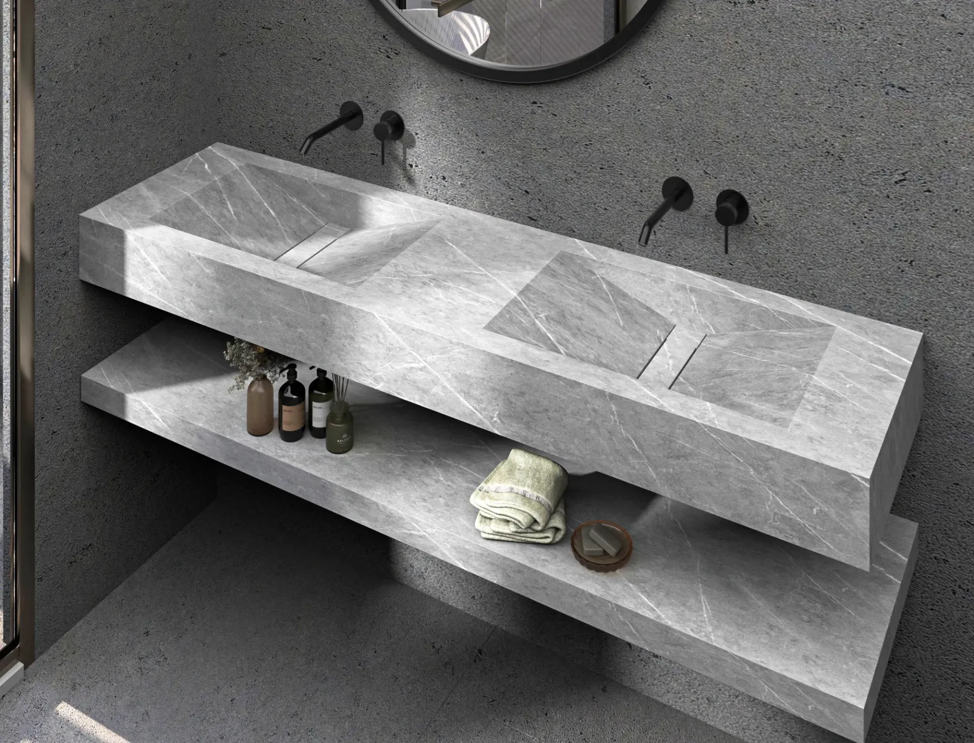 Porcelin Sink Integral Model Alma Double Bowl (0001, 47 x 180 cm)